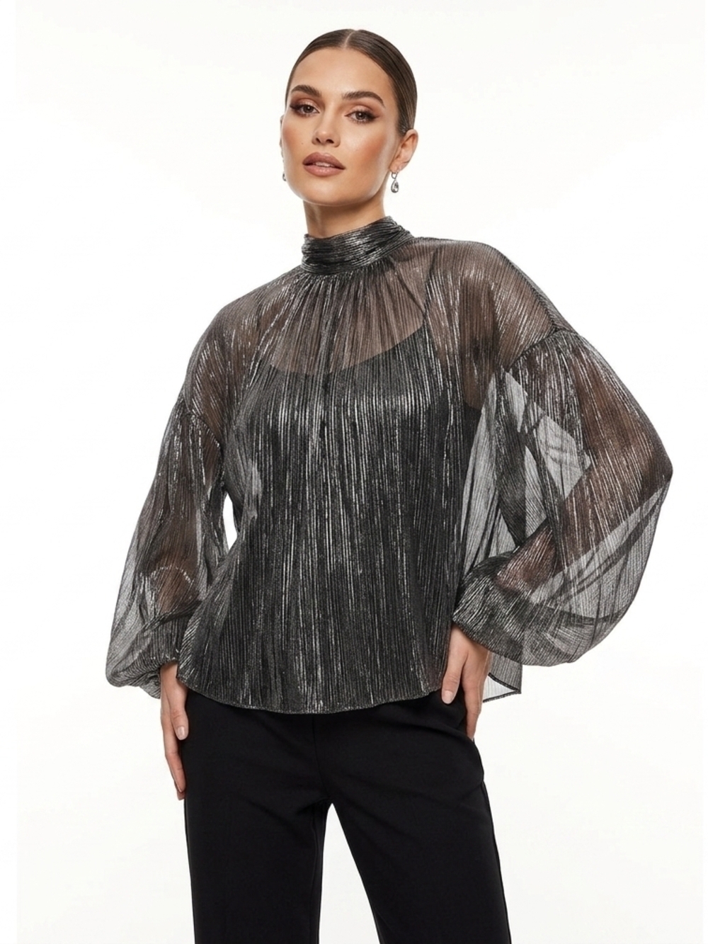 Halston Heritage Metallic Sheer High-Neck Blouse in Silver